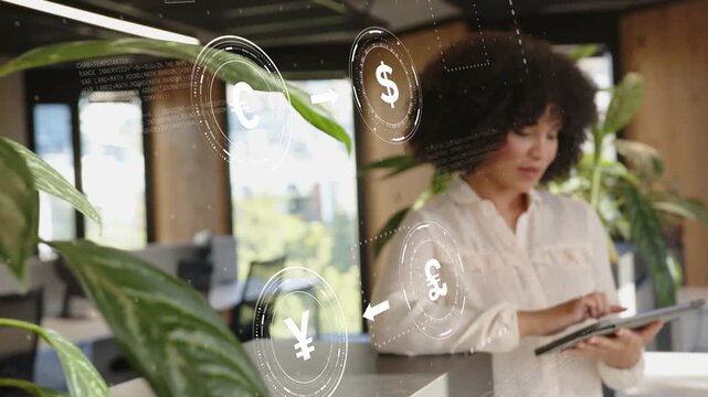 Woman tapping tablet and activating rotating currency HUD &euro;$&pound;&yen; in front of her monitoring rates