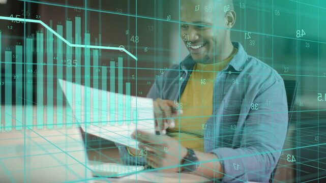 Analyst reading document and revealing teal business charts while tapping device, smiling at gain