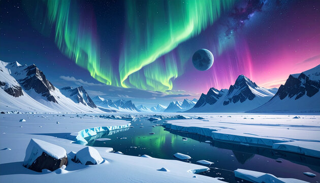 Northern lights over snowy mountain range