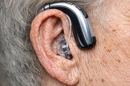 A close-up view of a person wearing a hearing aid, providing a discreet and comfortable solution for individuals with hearing impairments