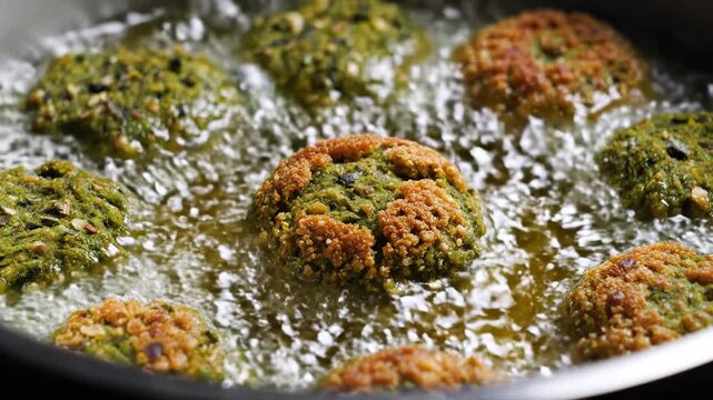 Deep frying fresh green falafel balls in hot bubbling oil in a pan.