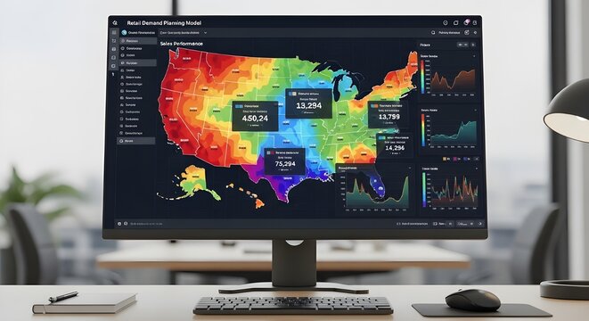 Computer monitor displaying colorful data visualization map of United States