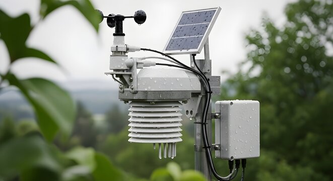 Weather station with solar panel and anemometer in green foliage