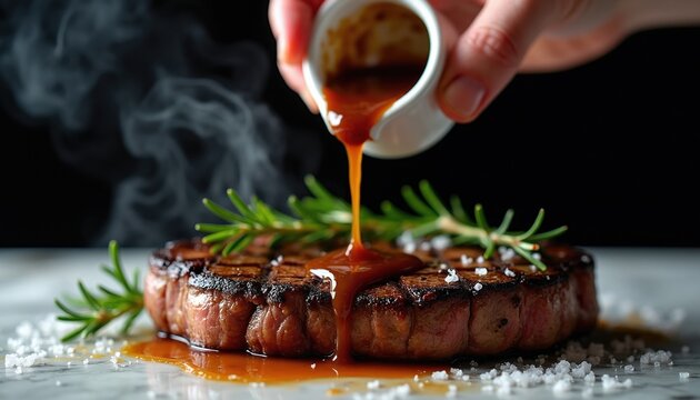 Chef pours brown sauce on grilled beef steak with rosemary and salt. Food steaming hot ready to eat. Fine dining presentation of juicy meat dish.