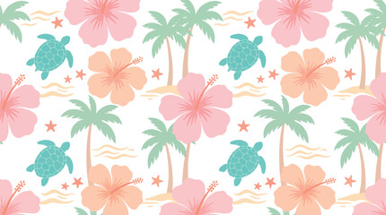 Tropical Summer Pattern with Hibiscus Flowers, Palm Trees, and Sea Turtles - Perfect for Beach-themed Designs © Pronob Kumar Ray