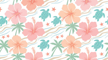 Seamless tropical pattern with hibiscus flowers, palm trees, and sea turtles, perfect for summer and beach designs © Pronob Kumar Ray