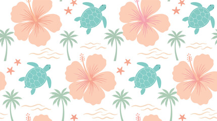 Seamless Tropical Summer Pattern Design Featuring Hibiscus Flowers, Sea Turtles, and Palm Trees for Beach Vacation Backgrounds and Textile Prints © Pronob Kumar Ray