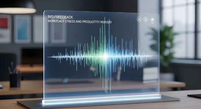 Futuristic holographic display showing biofeedback waveform for workplace stress and productivity