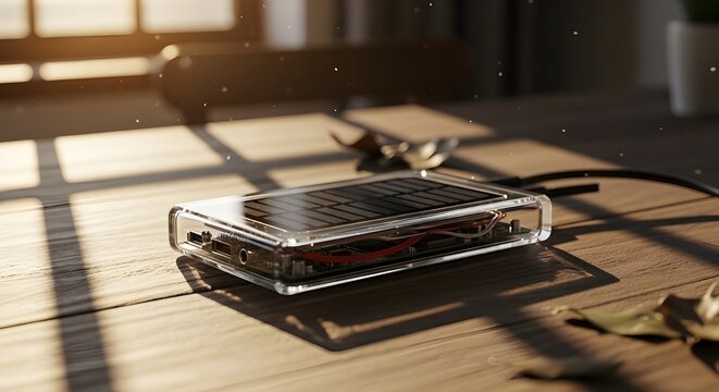 Transparent solar charger with visible circuitry on wooden table