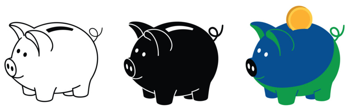Piggy bank simple icons in line and flat style, piggybank baby pig savings symbol set isolated vector illustration.