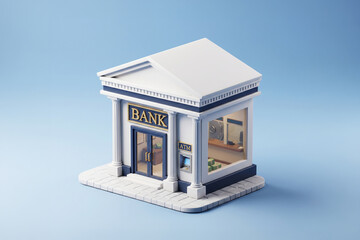 Naklejka premium 3D isometric bank building with ATM and classical architecture miniature