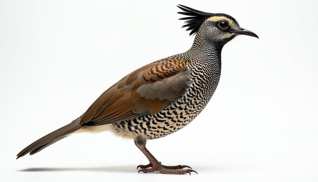 California quail with black crest stands on white background. Bird shows intricate feather patterns and unique topknot. Side view details scaled plumage.
