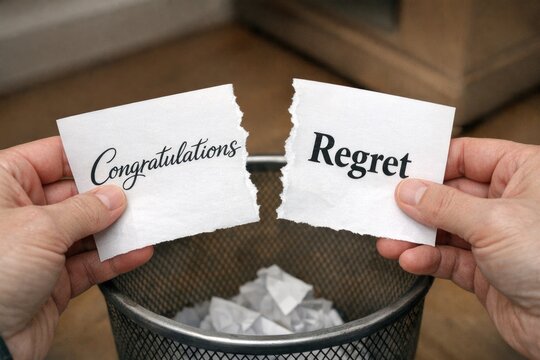 Two hands hold papers with 'Congratulations' and 'Regrets', symbolizing mixed emotions