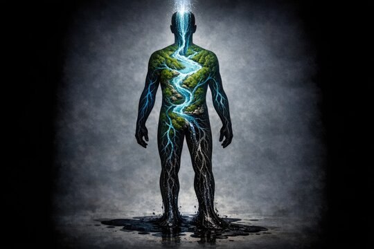 A person with a unique and colorful body paint design resembling a lightning bolt