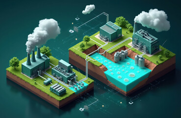 Obraz premium Industrial plant shows carbon capture process. Smokestacks emit white clouds. Pipes connect facilities to water storage tanks. This diagram visualizes CO2 reduction technology.