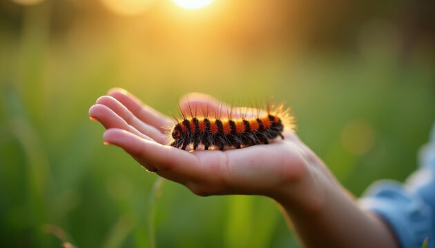 Child hand holds fuzzy in soft sun light. Person learns about nature, insects, and gentle wild life discovery outdoors. Closeup macro detail.