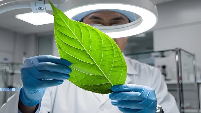 Scientist examining large green leaf in modern laboratory setting
