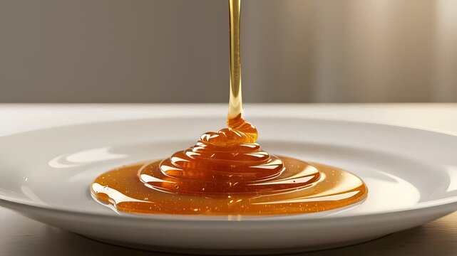 Golden honey pouring onto a white plate in soft lighting