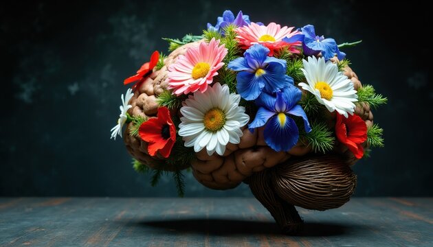 Human brain sculpture adorned with colorful flowers and green leaves on dark background. Symbolizes mental health, creativity, and cognitive processes. Represents mind, ideas, and well-being.