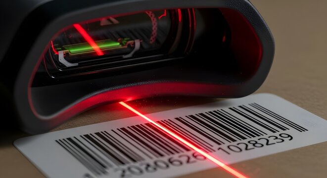 Laser barcode scanner reading product code on white surface