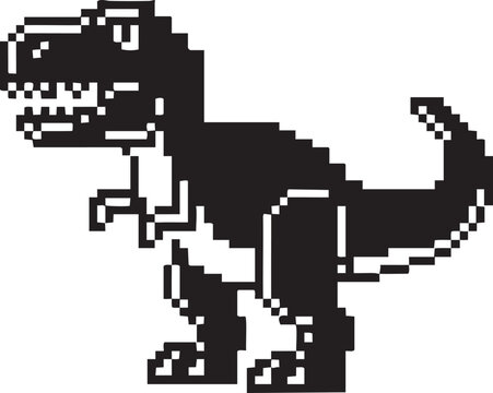 A black and white pixelated image of a dinosaur standing on a plain background.