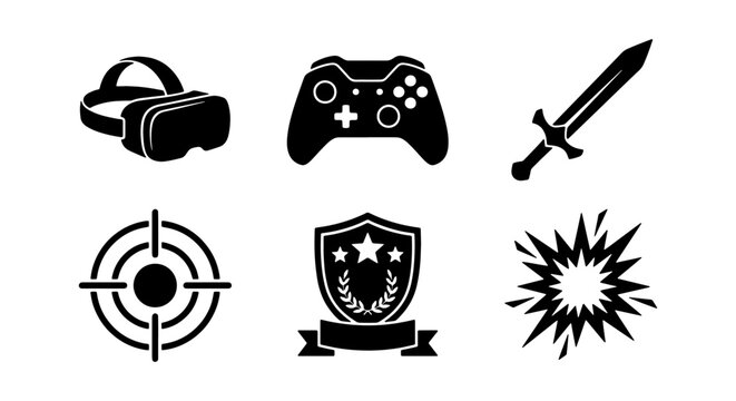 Gaming Icons Set: VR Headset, Controller, Sword, Target, Badge, Explosion, Vector Graphics