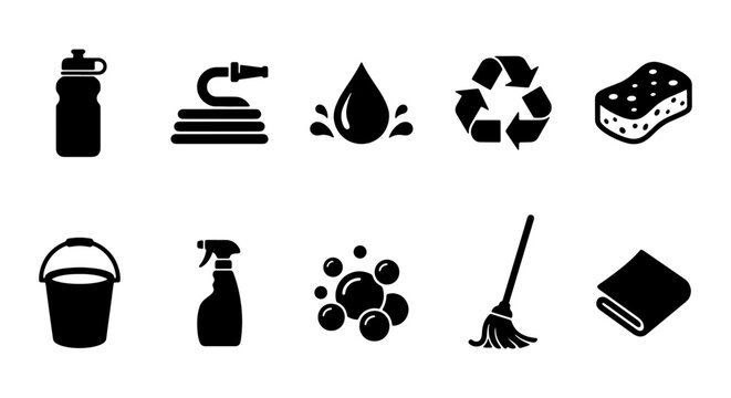Cleaning Icons Set, Household Supplies Vector Graphics, Home Care Symbols, Water Drop, Sponge, Mop