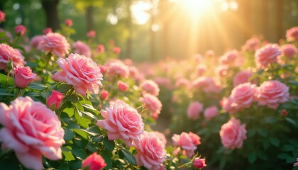 Fototapeta premium Field of pink roses in soft morning sunlight. Blooming flowers with green leaves under golden sunbeams create a romantic natural scene. Peaceful garden backdrop for celebration or beauty themes.