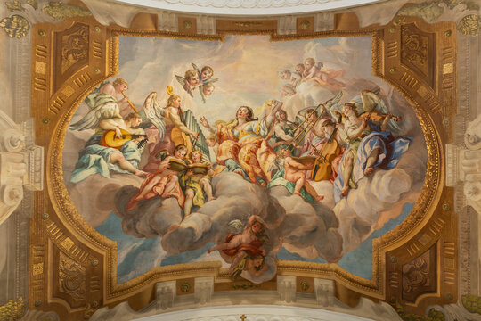 Vienna, Austria. Baroque ceiling fresco in Karlskirche with angels and musicians