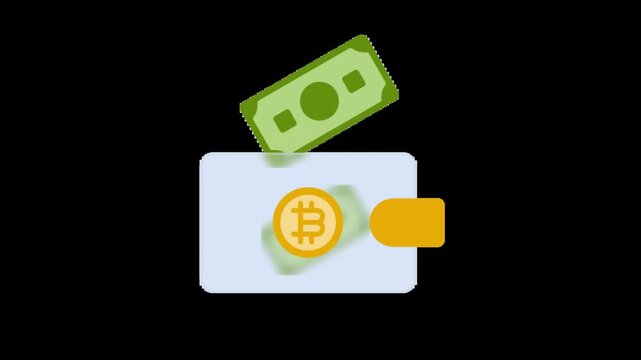 Digital crypto wallet icon with golden bitcoin coin and money banknote isolated on white background