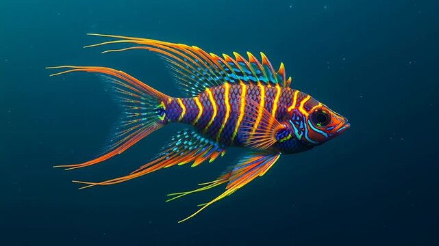 Vibrant cichlid swims through deep blue water. Fiery orange and electric blue stripes adorn its body. Long, flowing fins trail behind with grace. Sharp, spiky dorsal fin adds bold visual drama