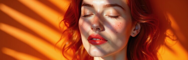 Fototapeta premium Close-up face ginger woman closed eyes bathed in sunlight stripes. Red lips, freckles, pearl earring. Warm orange background, relaxed mood, beauty portrait.