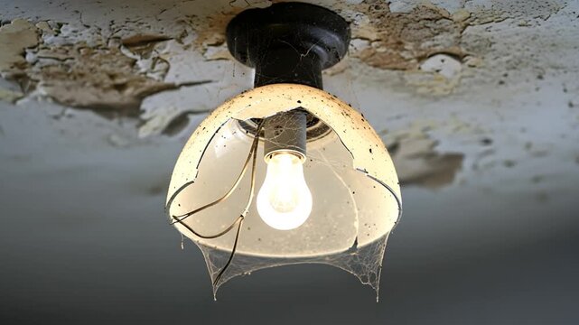 Broken glass shade hangs from a ceiling fixture. Peeling paint surrounds a dimly lit bulb. Aged light fixture glows against decay. Moldy ceiling shows signs of neglect