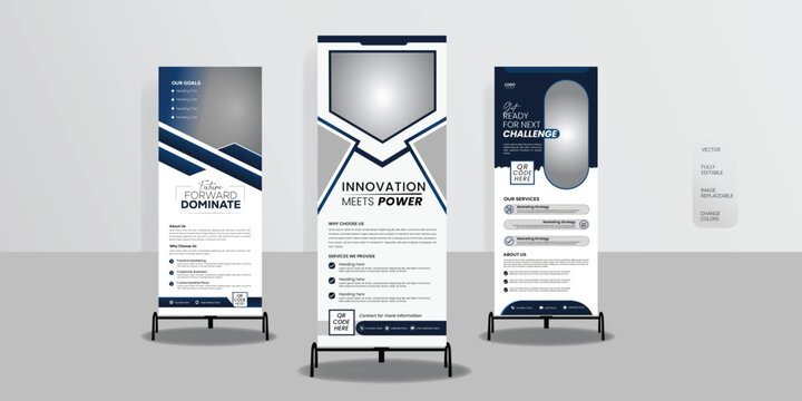 Corporate Business Roll Up Banner Template Set 3 Navy Blue Professional Banner Designs with Image Placeholder and QR Code.