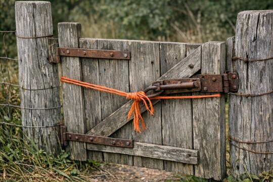 A close-up shot of a wooden gate with a chain locked in place, ideal for use in scenes where something is restricted or blocked