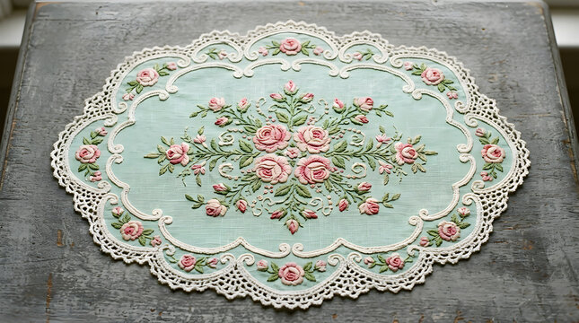 Vintage embroidered doily with roses oval lace mat on distressed wood surface