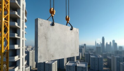 Fototapeta premium Crane lifts concrete panel near unfinished building. City skyline under clear blue sky. Construction project in progress with suspended materials.