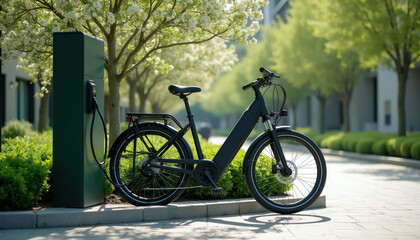 Naklejka premium Modern black electric bicycle plugs into green public charging station. Urban street with rich green trees and manicured bushes surrounds the bike and charging point.