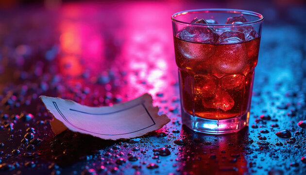 Glass of red drink with ice beside torn movie ticket stub on wet colorful surface. Neon lights reflect on condensation creating vibrant mood, bar atmosphere.