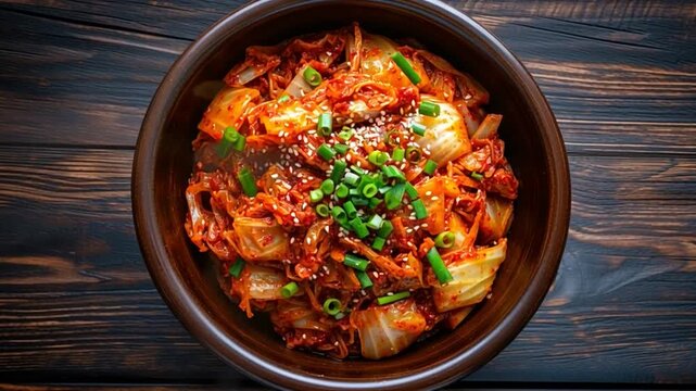 Cinematic Top-Down Shot of Traditional Korean Kimchi in Rustic Bowl with Rising Steam and Moody Food Aesthetic