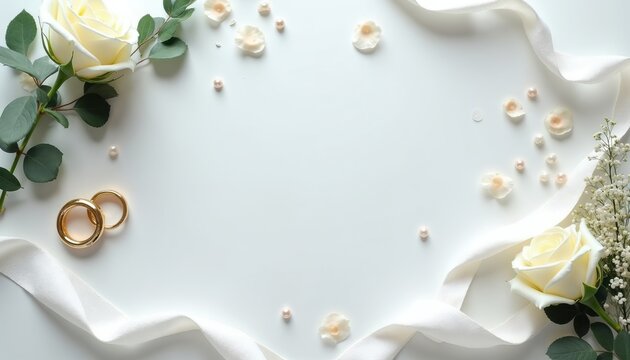 Two gold wedding rings lay on white silk ribbon with ivory roses petals pearls scattered. This elegant flat lay border frames empty copy space perfect for invitations cards.