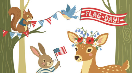 Naklejka premium Whimsical forest animals joyfully celebrate Flag Day with festive banners and American flags, a charming storybook vector illustration of patriotic fun in nature