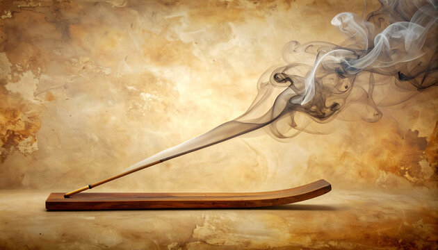 Incense stick burning with smoke against a textured background