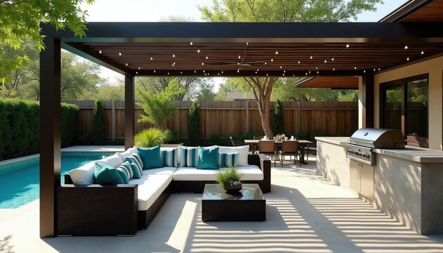 Modern backyard patio with pergola swimming pool outdoor kitchen and sectional sofa. Dining table chairs and grill are ready for guests. String lights hang over seating area for evening ambiance.