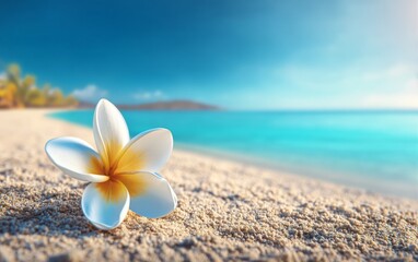Fototapeta premium White Plumeria Flower on Sandy Beach Shoreline Near Clear Water