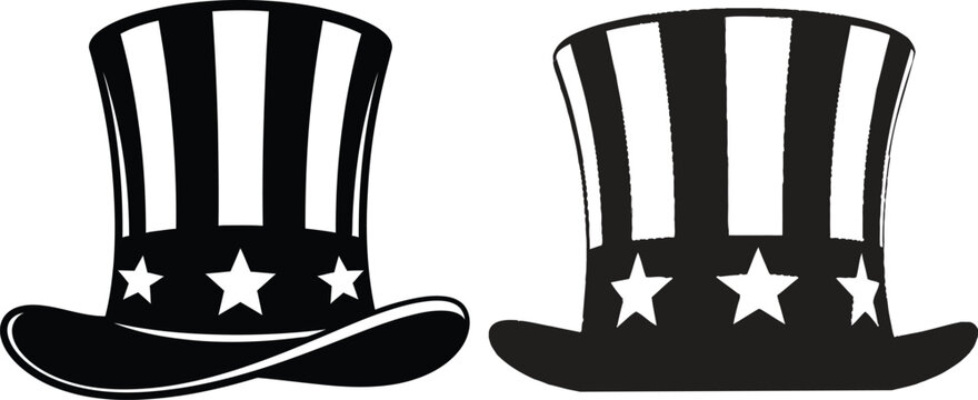 Two uncle sam hats with stars and stripes black and white vector illustration