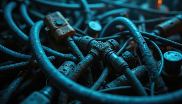 Close up of messy blue and grey electrical wires with rusty connectors and metal parts. This complicated network of cables suggests technology and industry complexity.