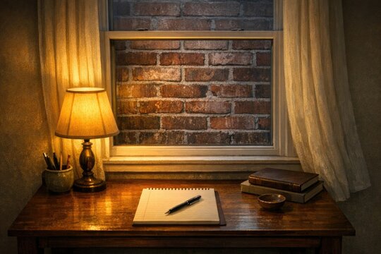 A simple office desk setup with a lamp and a notebook