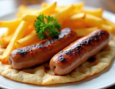 Two grilled cevapcici sausages sit on flatbread beside french fries. Garnished with parsley this meal is served on a white plate. Perfect for lunch or dinner.