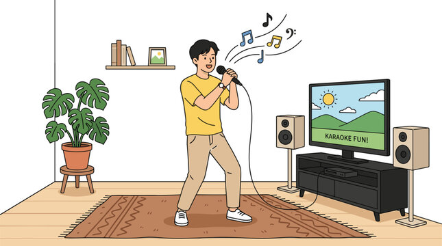 Home karaoke entertainment illustration featuring energetic singer performing music indoors with television and audio speaker system